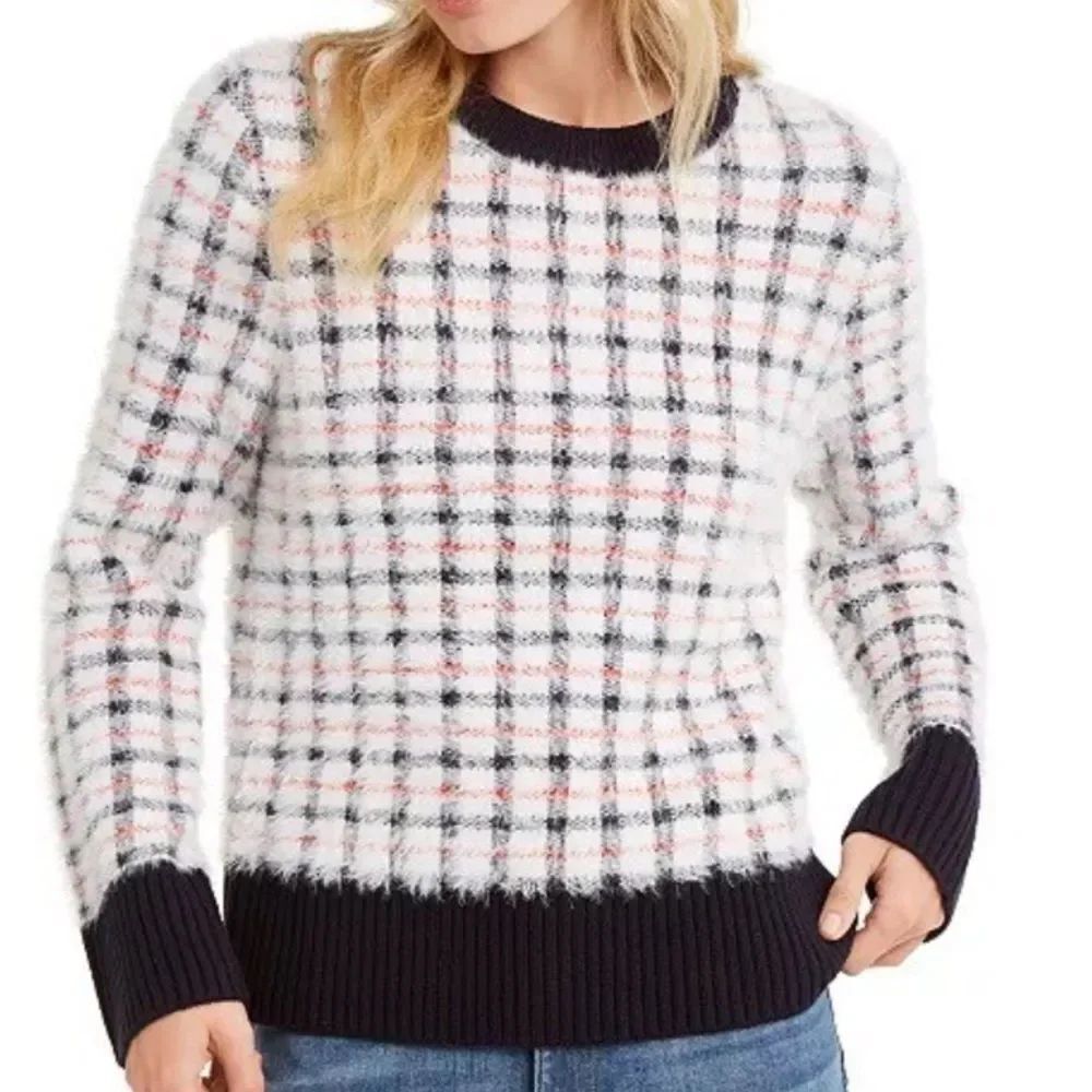 Tommy Hilfiger White Plaid Crewneck Sweater with Navy & Red Trim Size M